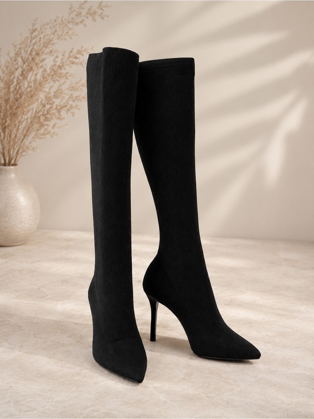 Charles David Black Knit Sweater Boots Pointed Toe Stiletto Heel Size 6.5
